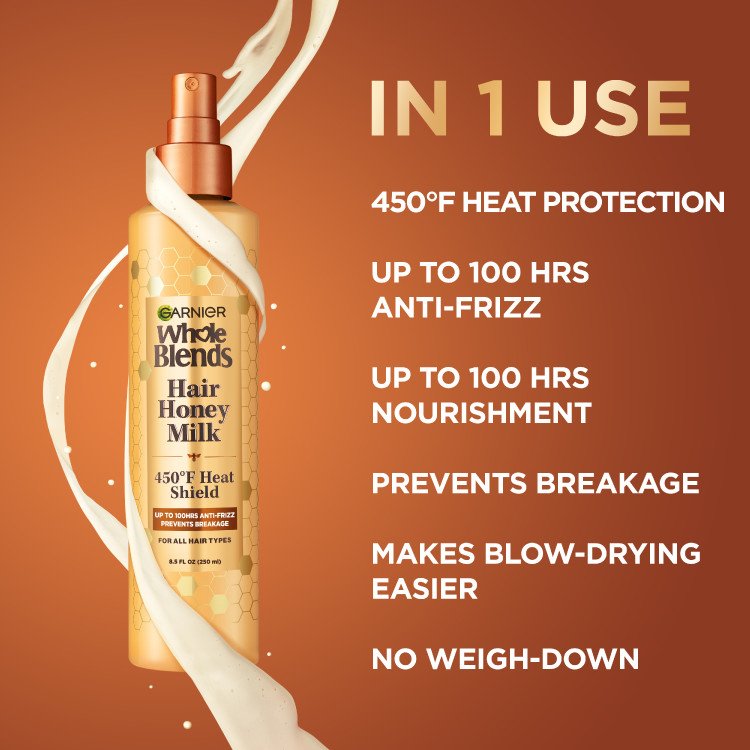 In 1 Use: 450F Heat Protection, Up to 100hrs Anti-Frizz, Up to 100hrs Nourishment, Prevents Breakage, Makes Blow-Drying Easier, No Weigh-down