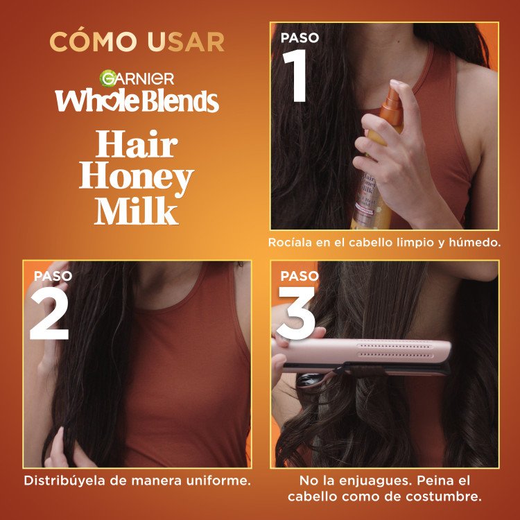 How to Use Hair Honey Milk: Spray on damp hair, Distribute evenly, style as usual