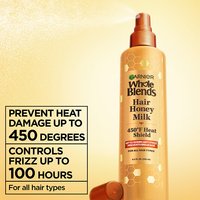 The Garnier Whole Blends Honey Treasures Repairing Milk Honey Spray prevents heat damage up to 450 degrees and is suitable for all hair types.