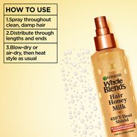 The Garnier Whole Blends Honey Treasures Repairing Milk Honey Spray can be used on clean, damp hair through the lengths and ends.