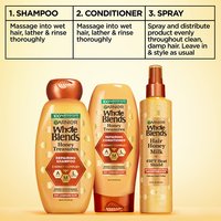 The Garnier Whole Blends Honey Treasures collection features a shampoo and conditioner that complement the Repairing Milk Honey Spray. The spray can be used as the last step in a routine following a shampoo and conditioner.