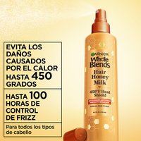 The Garnier Whole Blends Honey Treasures Repairing Milk Honey Spray prevents heat damage up to 450 degrees and is suitable for all hair types.