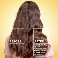 Before and after hair transformation using Garnier Hair Honey: instant results showing up to 6X smoother hair, 4X less breakage, and 20X more moisture compared to non-conditioning shampoo.