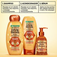 Garnier Whole Blends Honey Treasures 4-step hair repair routine: featuring repairing shampoo, conditioner, rich repairing mask, and hair honey serum for nourished, healthy hair.