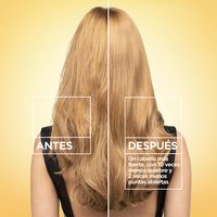 Before and after hair repair comparison on blonde hair: visibly showing stronger hair with 10X less breakage and 2X less split ends after using the Garnier Whole Blends Honey Treasures repairing system.