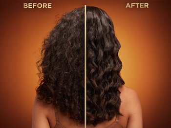 Before and After split image showing a transformation from frizzy, dull curly hair to smoother, shinier, and more defined curls.