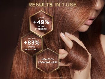 Close-up of shiny hair highlighting "RESULTS IN 1 USE" with claims of up to +49% more strength, up to +83% more moisture, and overall healthy-looking hair.