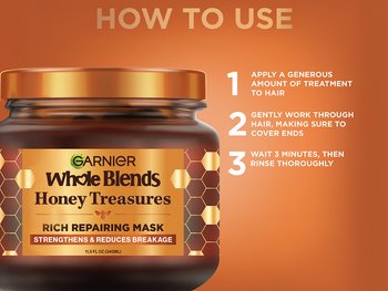 Garnier Whole Blends Honey Treasures Rich Repairing Mask "HOW TO USE" guide: 1) Apply a generous amount to hair, 2) work through to the ends, and 3) wait 3 minutes before rinsing thoroughly.