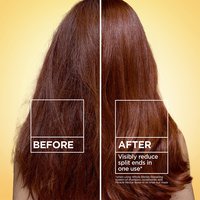 Before and after hair repair results: visibly showing a reduction in split ends and smoother hair after one use of the Garnier Whole Blends Miracle Nectar system.