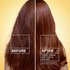 Before and after hair repair results: visibly showing a reduction in split ends and smoother hair after one use of the Garnier Whole Blends Miracle Nectar system.