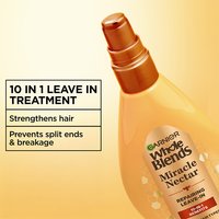 Garnier Whole Blends Miracle Nectar 10-in-1 Repairing Leave-In Treatment: hair care product designed to strengthen hair and prevent split ends and breakage.