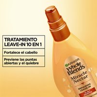 Garnier Whole Blends Miracle Nectar 10-in-1 Repairing Leave-In Treatment: hair care product designed to strengthen hair and prevent split ends and breakage.