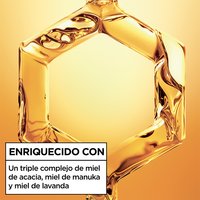 Garnier 3 Honey Complex graphic for Whole Blends Honey Treasures: highlighting nourishing acacia, manuka, and lavender honey ingredients for intensive hair repair.