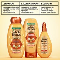 Complete 3-step Garnier Whole Blends Honey Treasures hair care system: 1. Repairing Shampoo, 2. Repairing Conditioner, and 3. Miracle Nectar Leave-In Treatment.