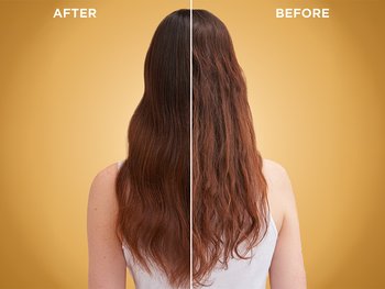A "BEFORE" and "AFTER" split image showing a woman's long brown hair. The "BEFORE" side is frizzy and dull, while the "AFTER" side is smooth and shiny.