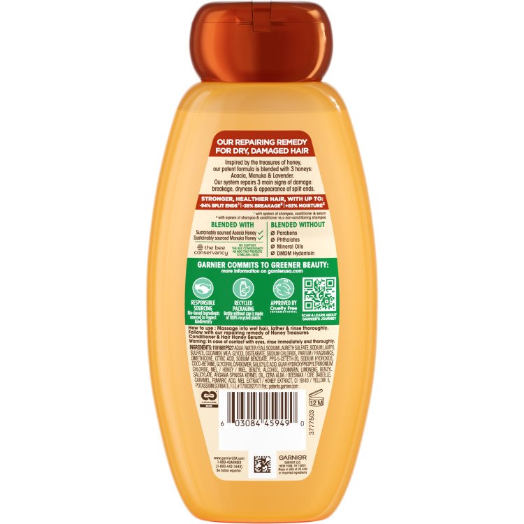Back of pack for Honey Treasures Repairing Shampoo 12.5oz