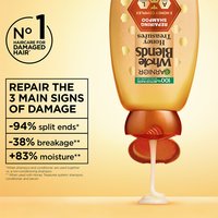 Repairing signs of hair damage with Garnier Whole Blends: graphic showing -94% split ends, -38% breakage, and +83% moisture when using the Honey Treasures shampoo, conditioner, and serum system.