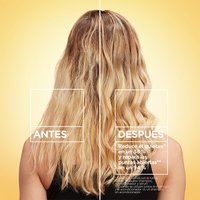 Before and after hair repair results: showcasing a 38% reduction in hair breakage and 94% repaired split ends after using the Garnier Whole Blends Honey Treasures hair care system.