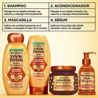 Complete Garnier Whole Blends Honey Treasures repairing system: 4-step routine including repairing shampoo, conditioner, rich repairing mask, and hair honey serum for healthy, moisturized hair.