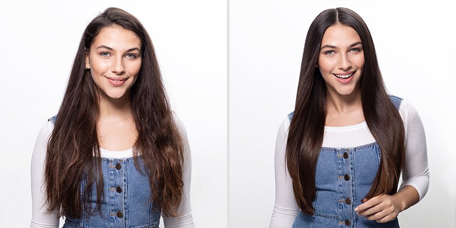 Before and after photo of woman using Sleek & Shine Flat Iron Perfector Straightening Mist to blow dry her hair straight.