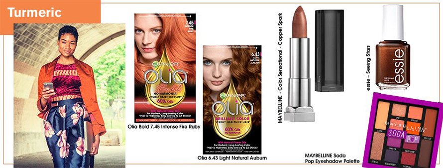 Short black-haired girl in blue flowery pants, next to the Olia 6.43 Light Natural Auburn and Olia 7.45 Intense Fire Ruby, next to the Maybelline Color Sensational Matte Metallics Lipstick in Copper Spark, the Essie Seeing Stars nail polish, and the Maybelline Soda Pop Eyeshadow Palette.