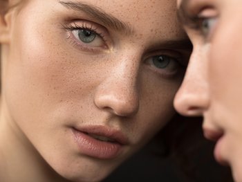 Close-up of a person's face with normal skin.