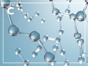 Abstract image of molecules or bubbles in a light blue liquid, with the letter "C" visible in white representing the Biotin C in Fructis products.