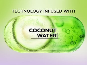 Graphic of Coconut Water molecule in front of green and purple background. “Technology infused with coconut water” is written on the graphic.