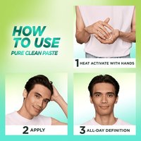 A how to use guide for the Garnier Fructis Pure Clean Finishing Paste. This product requires 3 steps: heat activate with hands, apply, and all-day definition.