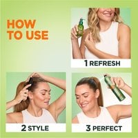 Three-step guide for using Garnier Fructis Sleek & Shine: 1. Refresh, 2. Style, 3. Perfect. Each step is visually demonstrated.