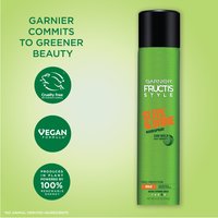 Garnier Fructis Sleek & Shine hairspray highlighting its vegan formula, 100% recycled ingredients, and commitment to greener beauty practices.