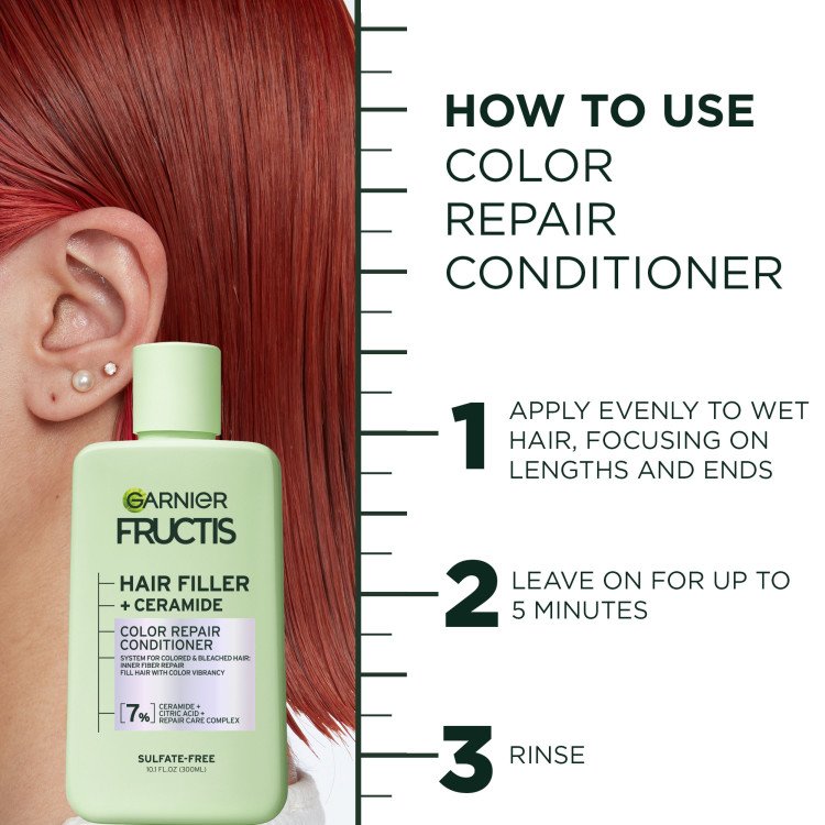 How to use color repair conditioner: apply evenly to wet hair, leave on for up to 5 minutes, then rinse