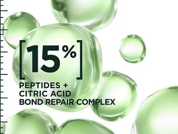 Graphic of peptide molecules in the background with copy in the front. Copy reads “15% peptides + citric acid bond repair complex”.