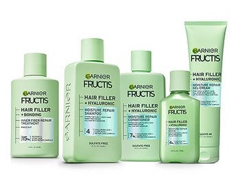 Group shot of Garnier Fructis Hair Filler Moisture Repair System.