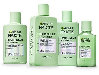 Group shot of Garnier Fructis Hair Filler Color Repair System.