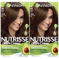 Front view of Garnier Nutrisse Ultra Crème Nourishing Permanent Color. 2 kits are shown in shade 50 Medium Brown Truffle. This vegan formula contains 5 fruit oils and offers 100% gray coverage.