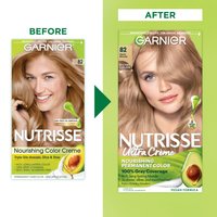 Before and after  pack shot of Nutrisse Ultra Crème 82 – Pearly Blonde.