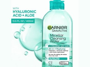 Garnier SkinActive Micellar Cleansing Water with Hyaluronic Acid + Aloe, 400ml bottle, for all skin types, replumps and cleanses.