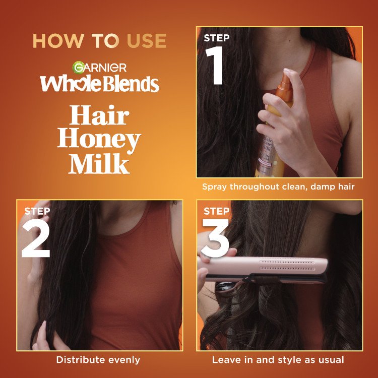 How to Use Hair Honey Milk: Spray on damp hair, Distribute evenly, style as usual